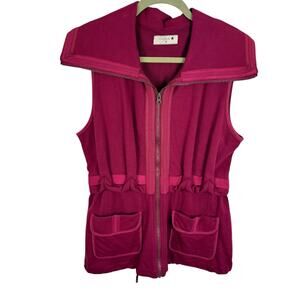 OURS 100% Cotton Red Full Zip Pleated Collared Vest Pockets Cinching Cord Size M